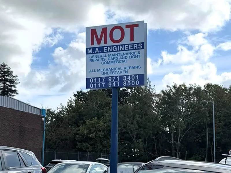 The refreshed roadside MOT sign, clearly visible to passing motorists